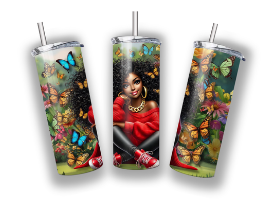 Girl in a butterfly garden tumbler
