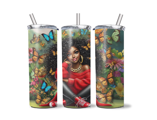Girl in a butterfly garden tumbler