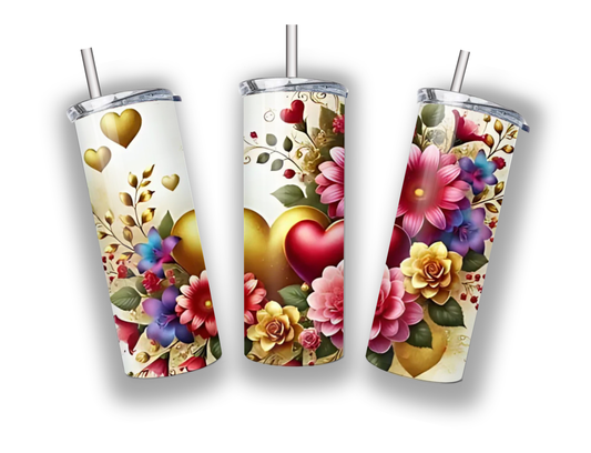 Gold heart colorful flower tumbler