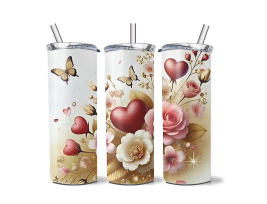 Pink and Gold hearts and flowers tumbler