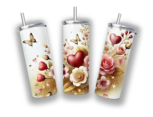 Pink and Gold hearts and flowers tumbler